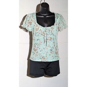 No Boundaries Floral Print Tie Front Top Square Neck Peasant Blouse Small